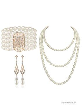 Vintage Art Deco Flapper Jewelry Set Pearl Bracelet Earrings Necklace Bridal